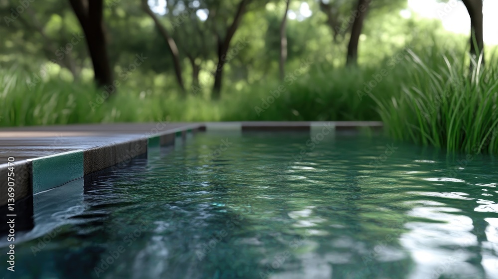 Fototapeta premium Tranquil pool edge in a lush forest setting. Wooden deck meets the water's edge