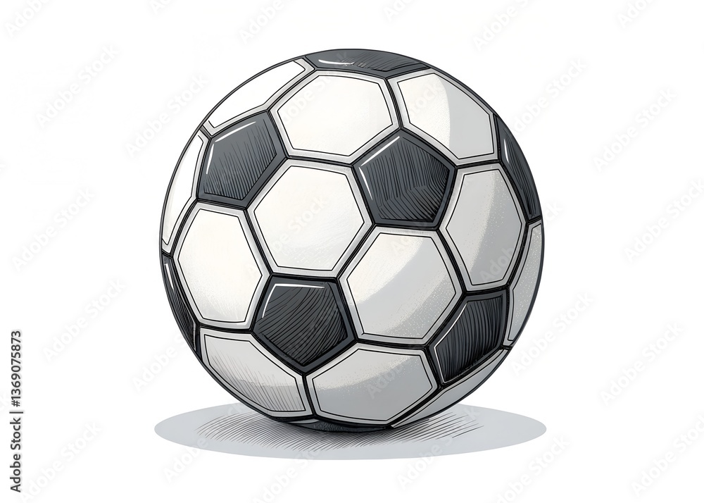 Fototapeta premium Soccer Ball Illustration: A classic soccer ball, showcasing its iconic black and white pentagons and hexagons, standing isolated, ready for play. A symbol of sport, unity.