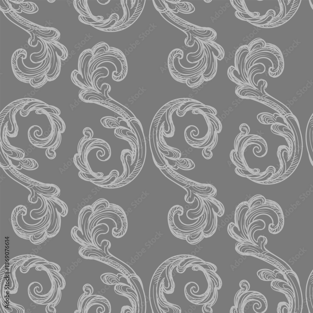 Seamless pattern with richly decorated baroque style elements. Engraved damask texture, vintage background. Vector illustration monochrome color. Repetitive wallpaper for fabric, packaging, invitation Seamless pattern with richly decorated baroque style elements. Engraved damask texture, vintage background. Vector illustration monochrome color. Repetitive wallpaper for fabric, packaging, invitation