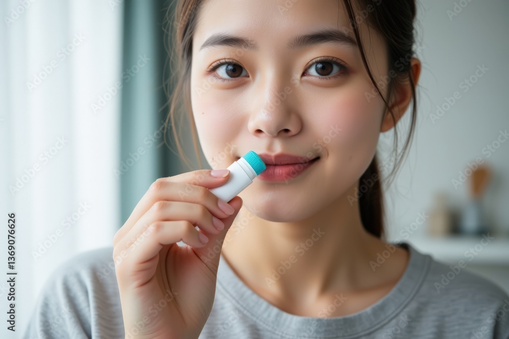 A young Asian woman in a casual gray shirt smiles while holding a small lip balm near her lips, exuding confidence and natural beauty in a cozy indoor setting. A young Asian woman in a casual gray shirt smiles while holding a small lip balm near her lips, exuding confidence and natural beauty in a cozy indoor setting.