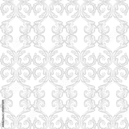 Seamless pattern with richly decorated baroque style elements. Engraved damask texture, vintage background. Vector illustration monochrome color. Repetitive wallpaper for fabric, packaging, invitation