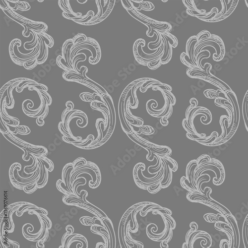 Seamless pattern with richly decorated baroque style elements. Engraved damask texture, vintage background. Vector illustration monochrome color. Repetitive wallpaper for fabric, packaging, invitation