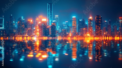 City skyline illuminated at night with colorful reflections on water surface