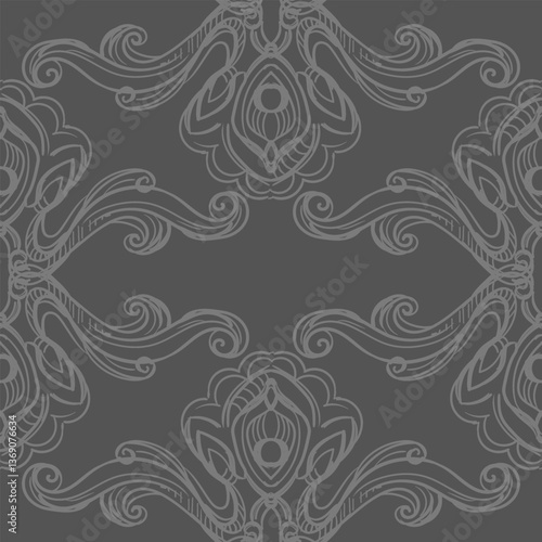 Seamless pattern with richly decorated baroque style elements. Engraved damask texture, vintage background. Vector illustration monochrome color. Repetitive wallpaper for fabric, packaging, invitation