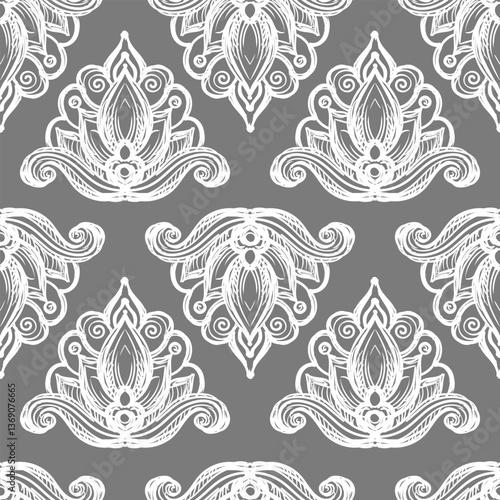 Seamless pattern with richly decorated baroque style elements. Engraved damask texture, vintage background. Vector illustration monochrome color. Repetitive wallpaper for fabric, packaging, invitation