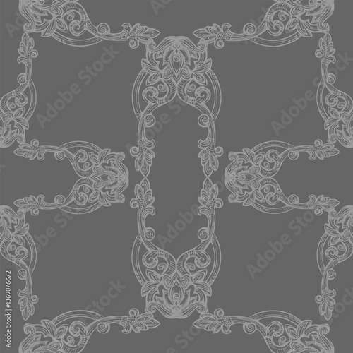 Seamless pattern with richly decorated baroque style elements. Engraved damask texture, vintage background. Vector illustration monochrome color. Repetitive wallpaper for fabric, packaging, invitation