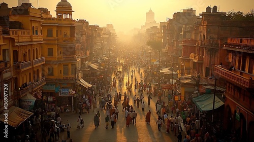Bustling Indian City Marketplace at Sunset: Aerial View