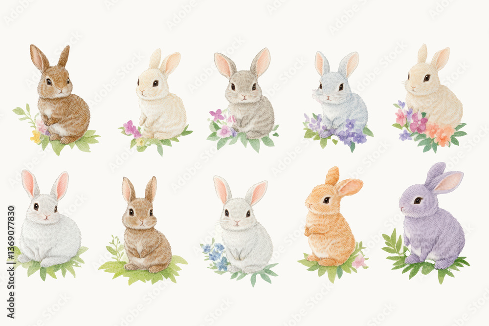 Fototapeta premium 10 Isolated cute spring, Easter, rabbits. Set in various poses, isolated on white