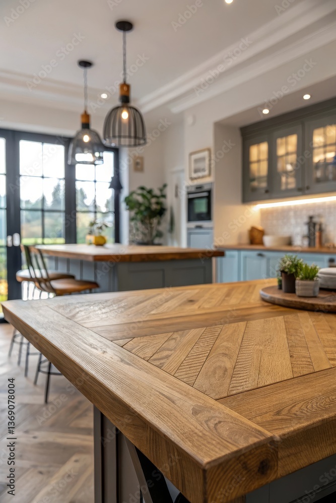 Wood table top on blur kitchen counter room background, for montage product display or design key visual layout, template Wood table top on blur kitchen counter room background, for montage product display or design key visual layout, template