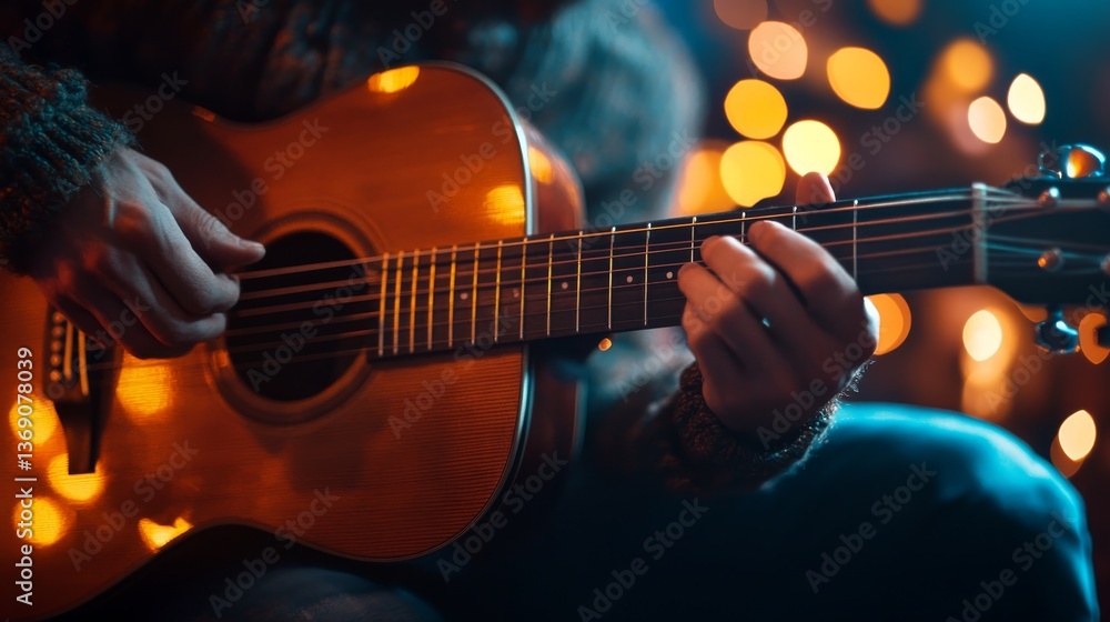 Obraz premium Musician plays acoustic guitar amidst warm holiday lights creating an intimate ambiance during a cozy evening gathering