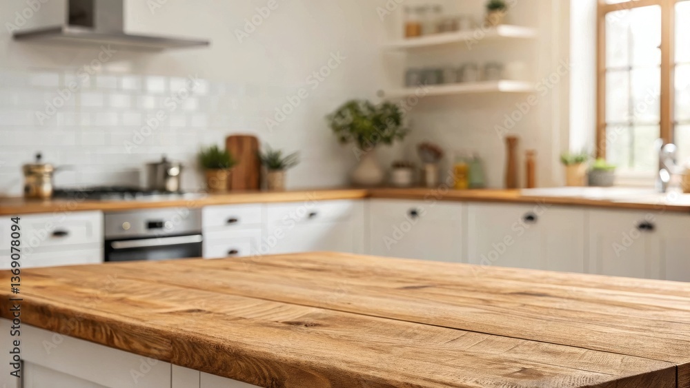 Wood table top on blur kitchen counter room background, for montage product display or design key visual layout, template Wood table top on blur kitchen counter room background, for montage product display or design key visual layout, template