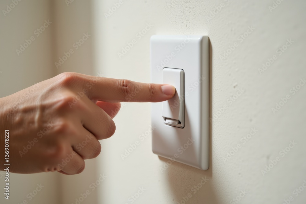 A Close-Up View of a Human Hand, Belonging to an Adult, Interacting with a Standard Light Switch on a Wall, Demonstrating a Common Gesture of Turning On the Lights A Close-Up View of a Human Hand, Belonging to an Adult, Interacting with a Standard Light Switch on a Wall, Demonstrating a Common Gesture of Turning On the Lights
