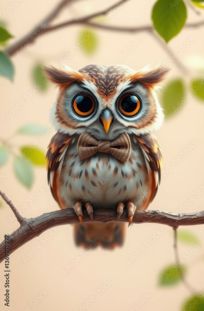 Naklejka premium A whimsical owl perched on a tree branch, featuring large, expressive eyes and a bow tie. The background is softly blurred with green leaves, creating a playful, charming atmosphere.