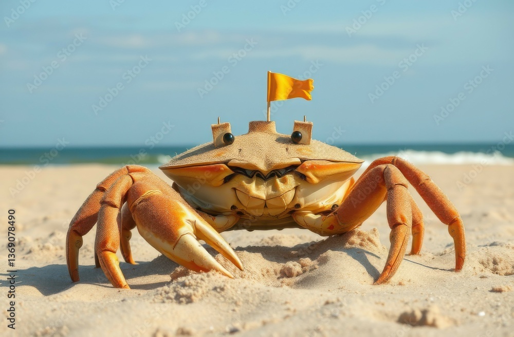A playful crab stands on a sandy beach, adorned with a small yellow flag. The backdrop features blue ocean waves and a clear sky, highlighting a sunny day at the shore. A playful crab stands on a sandy beach, adorned with a small yellow flag. The backdrop features blue ocean waves and a clear sky, highlighting a sunny day at the shore.