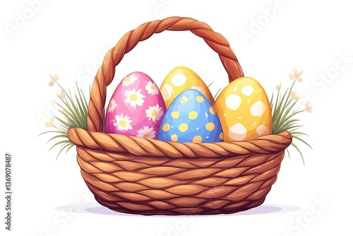 Colorful Easter basket filled with painted eggs, set against a clean white background. Flat style illustration featuring playful cartoon character design.