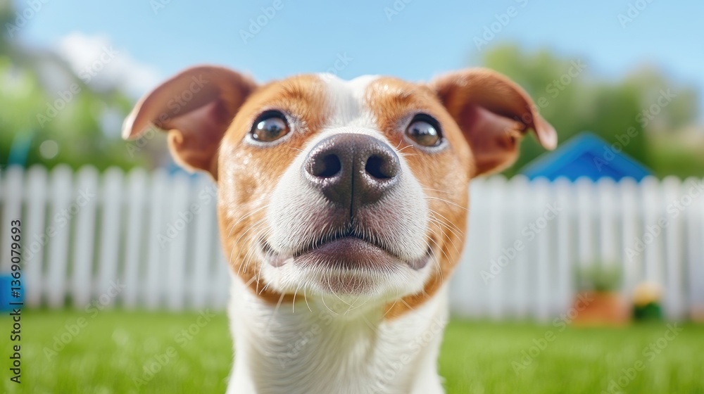 Playful dog in a garden. Close-up of a happy Jack Russell Terrier puppy looking up at the camera Playful dog in a garden. Close-up of a happy Jack Russell Terrier puppy looking up at the camera