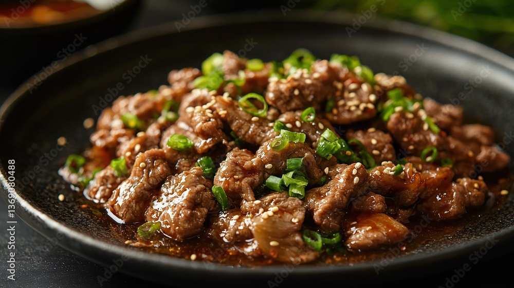 Delicious Beef Stir fry with Sesame Seeds and Green Onions Savory Asian Dish Close up Food Delicious Beef Stir fry with Sesame Seeds and Green Onions Savory Asian Dish Close up Food