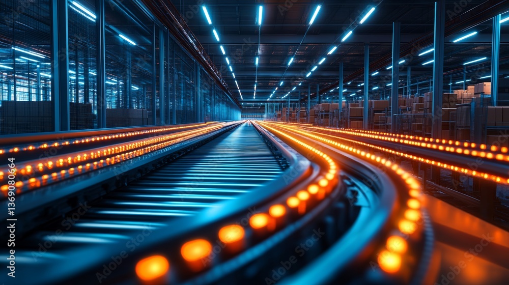 Conveyor belt system illuminated by neon lights in a modern warehouse environment at night Conveyor belt system illuminated by neon lights in a modern warehouse environment at night