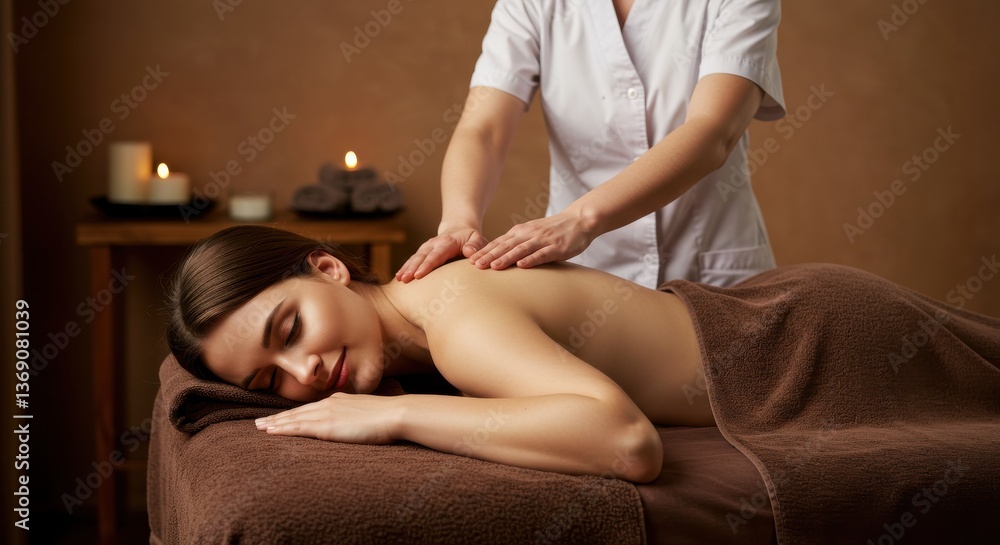 Obraz premium Woman receiving a back massage from a therapist in a spa setting with candles and soft lighting present