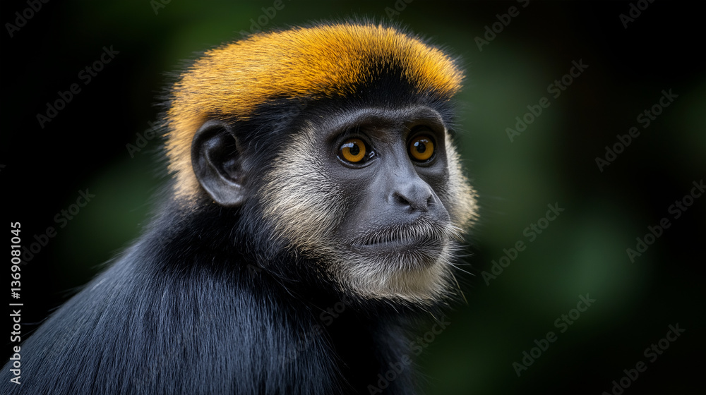 Fototapeta premium Close up of monkey with golden fur and curious expression.