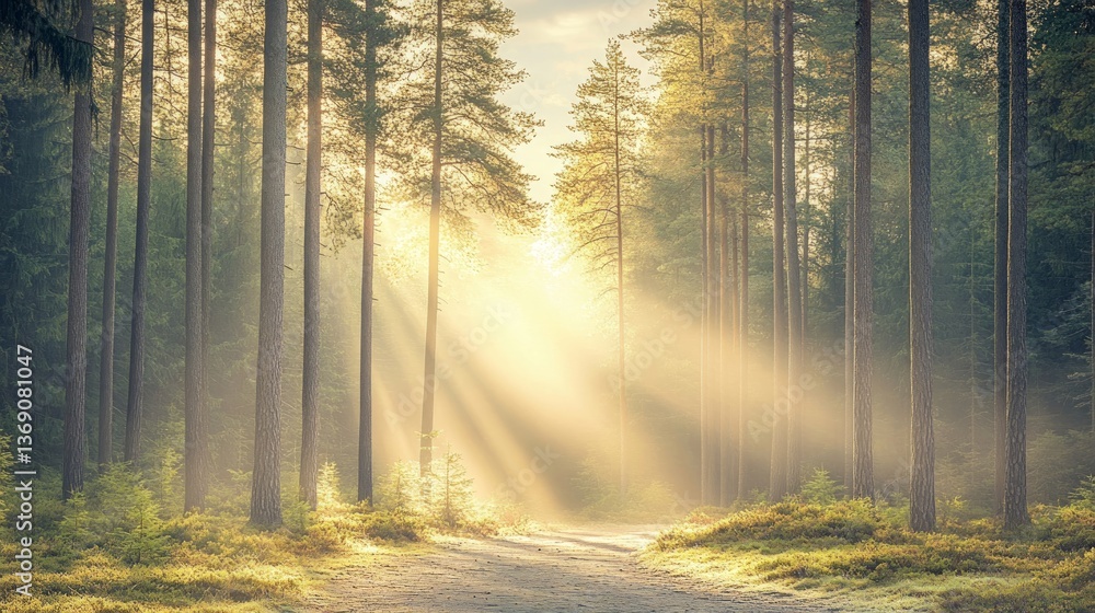 Obraz premium Sunlit Forest Path in Morning Light – Peaceful Nature Landscape with Trees and Mountains