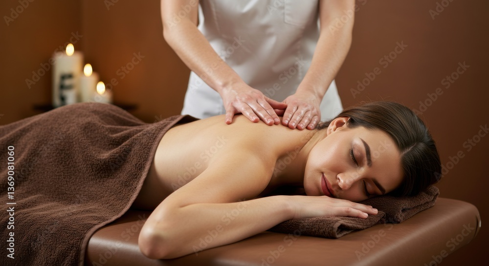 Fototapeta premium A woman receiving a back massage from a massage therapist in a spa setting with candles in the background