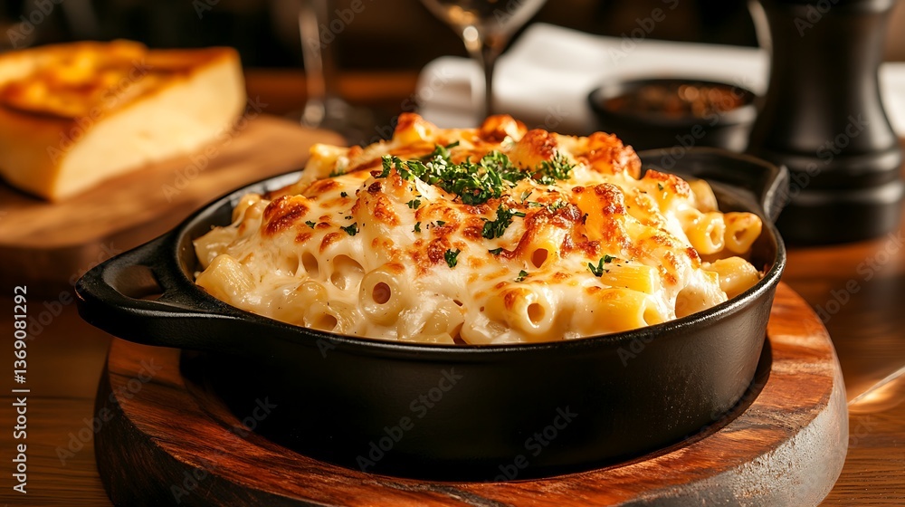 A restaurant setting with a gourmet version of mac and cheese. A restaurant setting with a gourmet version of mac and cheese.