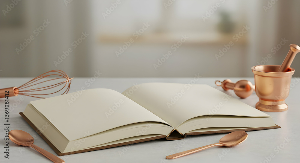 Fototapeta premium Open Book With Copper Utensils On Light Kitchen Table