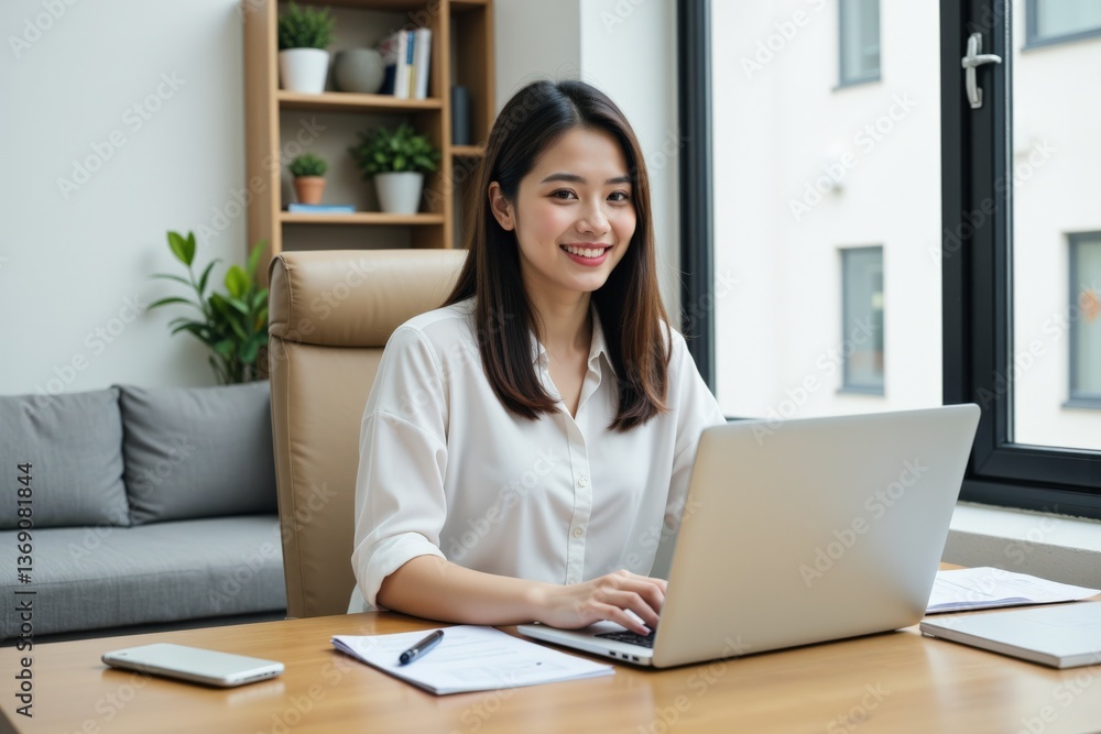 A young Asian woman with long hair working on a laptop at a modern office desk, smiling confidently while surrounded by a bright, contemporary workspace in daylight. A young Asian woman with long hair working on a laptop at a modern office desk, smiling confidently while surrounded by a bright, contemporary workspace in daylight.