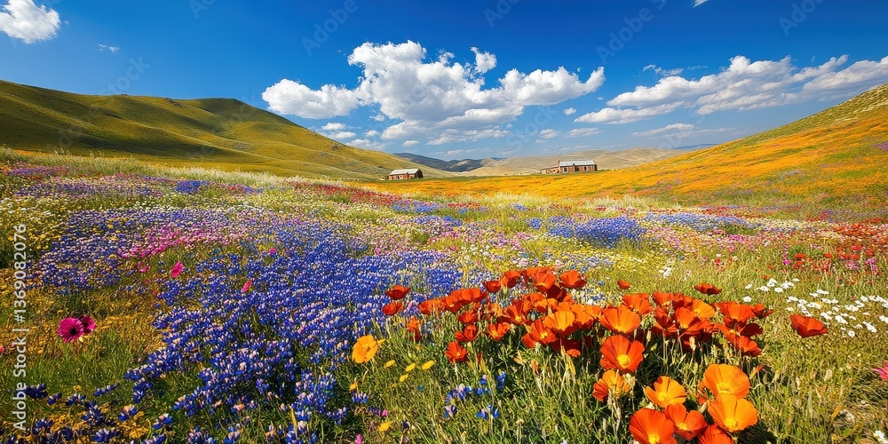 Fototapeta premium A vibrant landscape filled with colorful wildflowers under a blue sky.