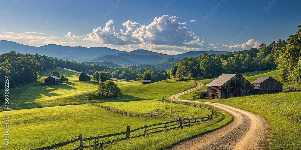 Obraz premium A serene rural landscape with rolling hills, barns, and a winding dirt road under a blue sky.