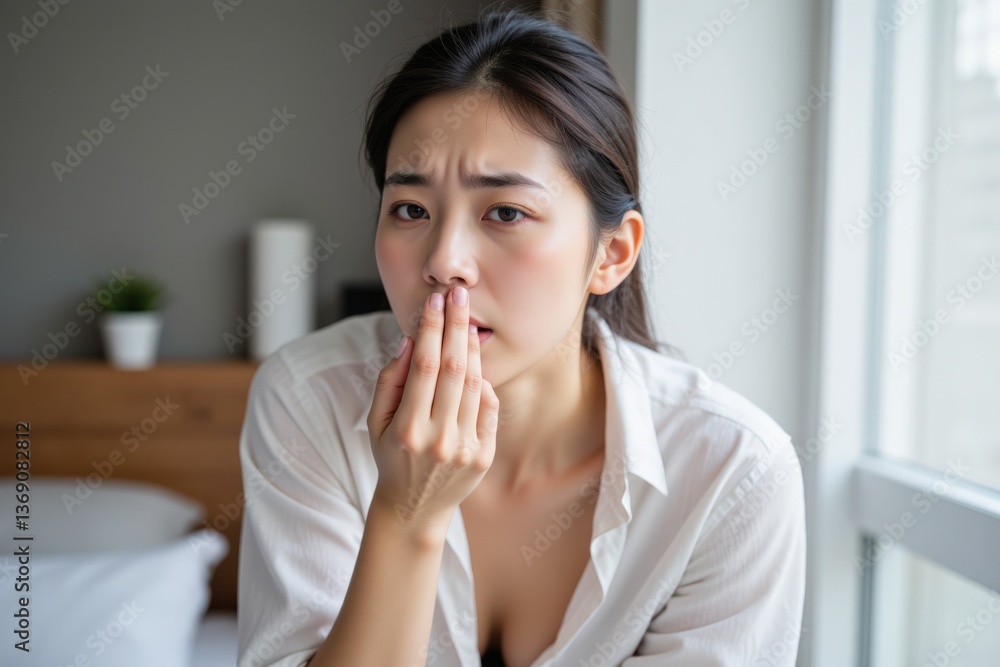 A young Asian woman appears concerned and anxious in her bedroom, displaying emotions of worry while seated by a window, dressed in a casual white shirt, reflecting her inner turmoil. A young Asian woman appears concerned and anxious in her bedroom, displaying emotions of worry while seated by a window, dressed in a casual white shirt, reflecting her inner turmoil.