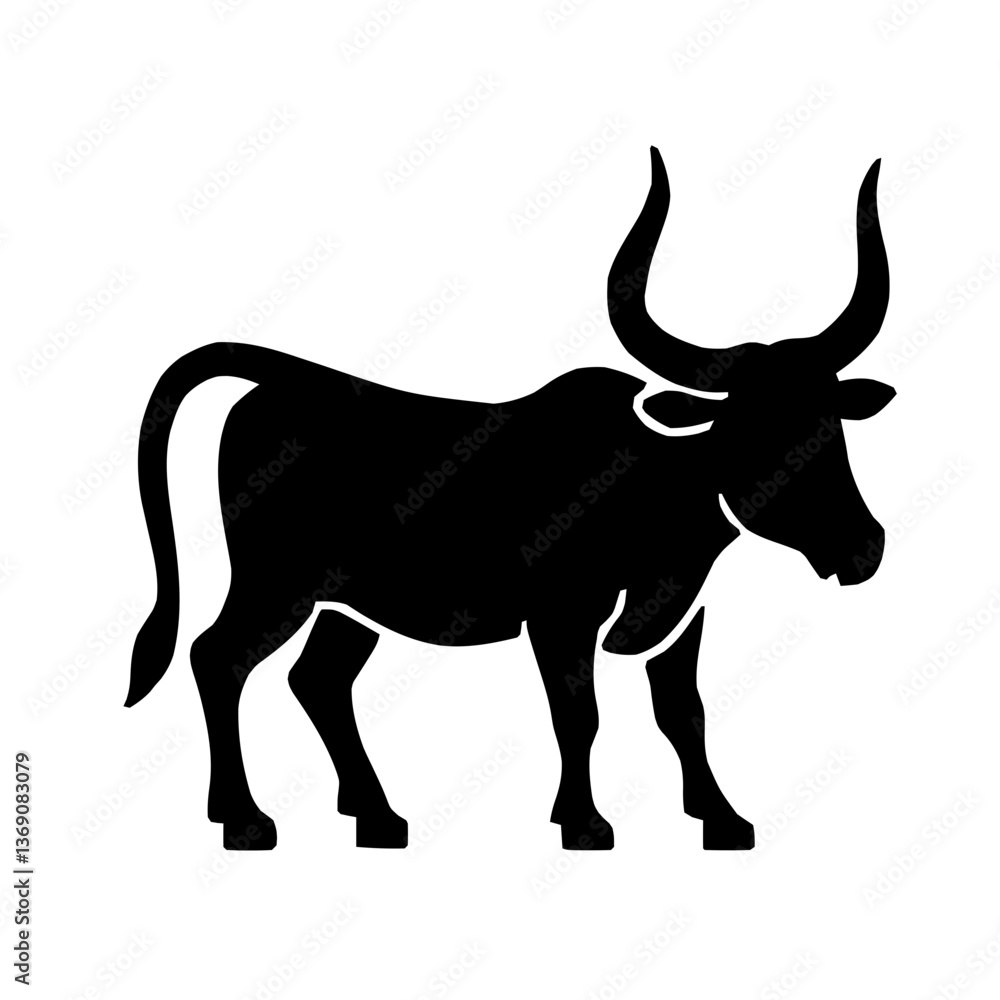 An illustration featuring a black Bull hieroglyph silhouette set against a clean white background depicting a detailed bull with large horns, symbolizing strength and fertility. An illustration featuring a black Bull hieroglyph silhouette set against a clean white background depicting a detailed bull with large horns, symbolizing strength and fertility.
