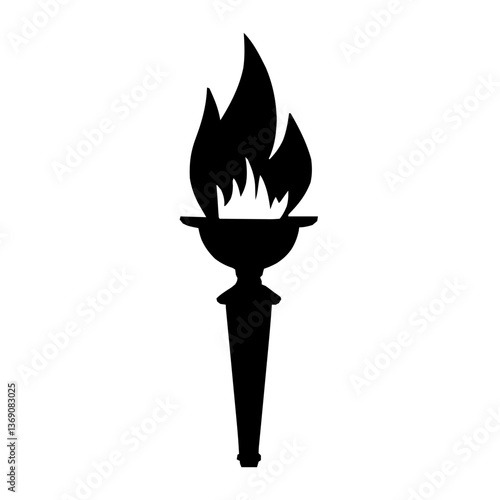 An illustration featuring a black Torch hieroglyph silhouette set against a clean white background depicting a detailed torch with flames, symbolizing light and guidance.