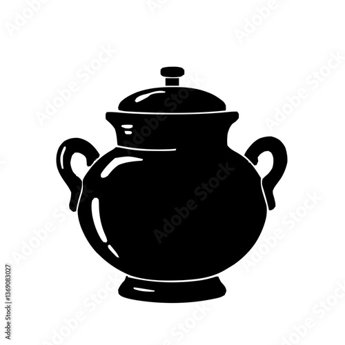 An illustration featuring a black Pot hieroglyph silhouette set against a clean white background showing a detailed pot with an open top, symbolizing abundance and provision.