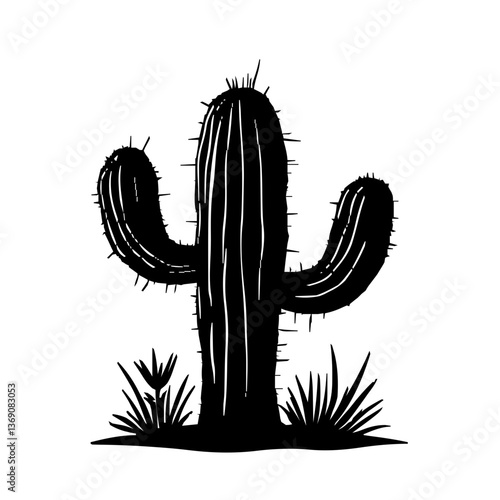 An illustration featuring a black cactus silhouette set against a clean white background depicting a detailed cactus with arms and spines, symbolizing resilience and the desert.