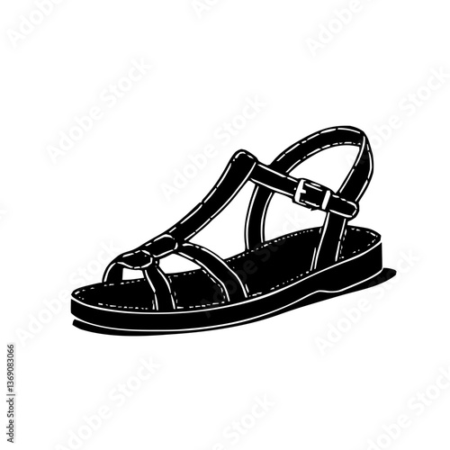 An illustration featuring a black Sandal hieroglyph silhouette set against a clean white background depicting a detailed sandal with straps, symbolizing travel and journey.