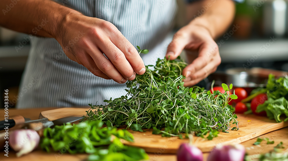 Action shot of a chef carefully placing thyme and microgreens onto a high-end plated dish, kitchen tools in the background Action shot of a chef carefully placing thyme and microgreens onto a high-end plated dish, kitchen tools in the background