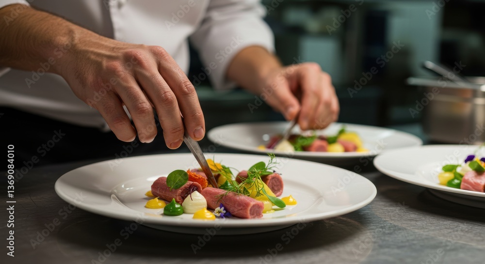 A chef meticulously plates a colorful dish in a professional kitchen with white plates and steel counters A chef meticulously plates a colorful dish in a professional kitchen with white plates and steel counters