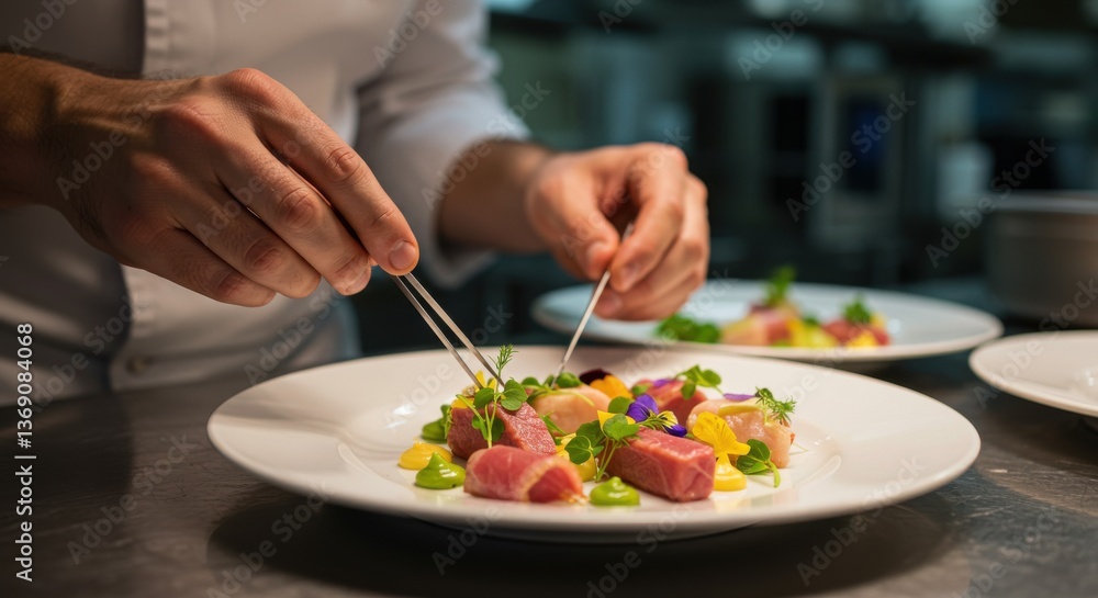 A chef carefully plating a dish with tuna avocado and other ingredients in a professional kitchen setting A chef carefully plating a dish with tuna avocado and other ingredients in a professional kitchen setting