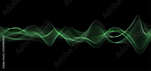 Green glowing background. Abstract Liquid waves banner. Neon Smoke illustration. Curve lines backdrop. Motion element vector. Flow sound design. Laser 3d header