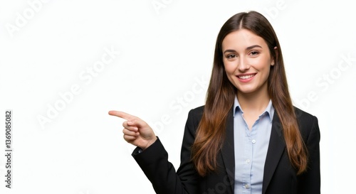 A confident young woman with long brown hair, wearing a business suit, smiling and pointing to the left with her index finger. High resolution, sharp details, and well-lit white background