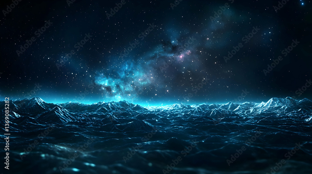 Starry Night Landscape Over Glowing Waves Starry Night Landscape Over Glowing Waves