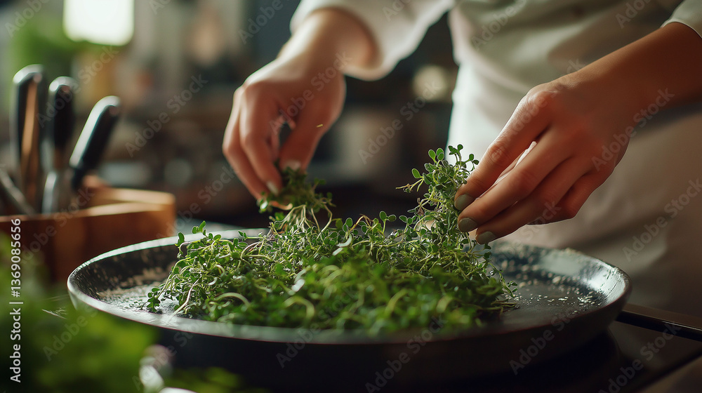 Action shot of a chef carefully placing thyme and microgreens onto a high-end plated dish, kitchen tools in the background Action shot of a chef carefully placing thyme and microgreens onto a high-end plated dish, kitchen tools in the background