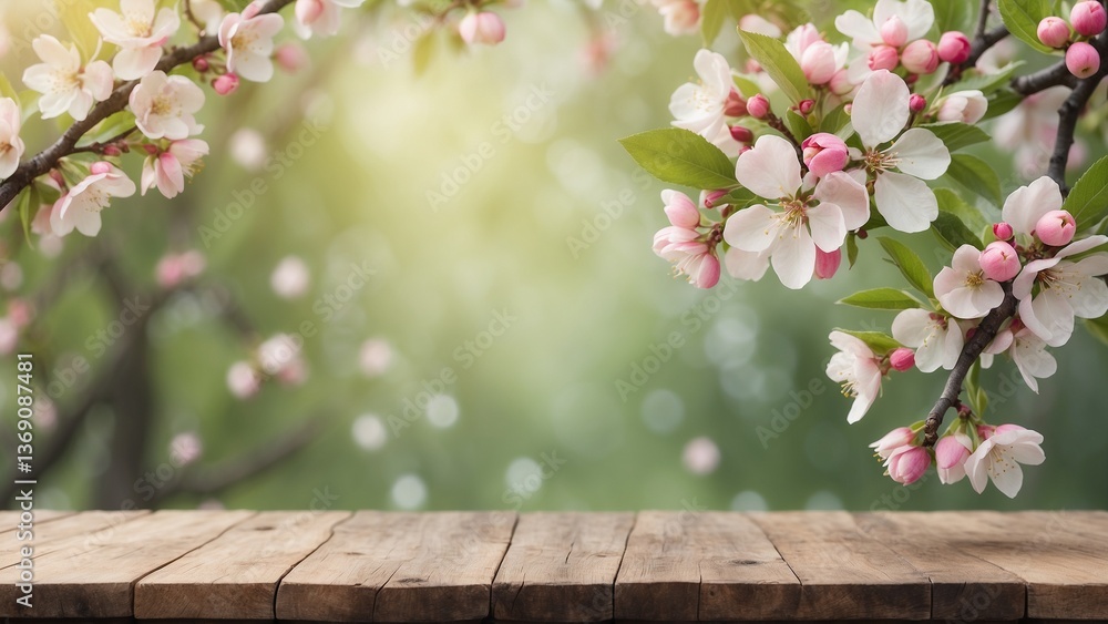 Rustic wood board mockup surface with apple blossoms on branches and blurred bokeh background Rustic wood board mockup surface with apple blossoms on branches and blurred bokeh background