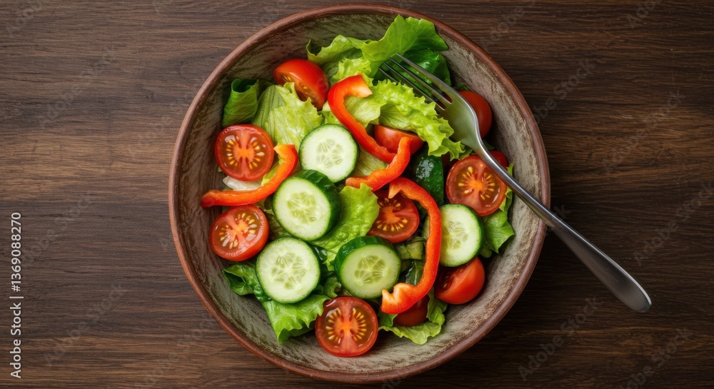 A vibrant salad with fresh vegetables in a bowl on a wooden table ready for a healthy and delicious meal A vibrant salad with fresh vegetables in a bowl on a wooden table ready for a healthy and delicious meal
