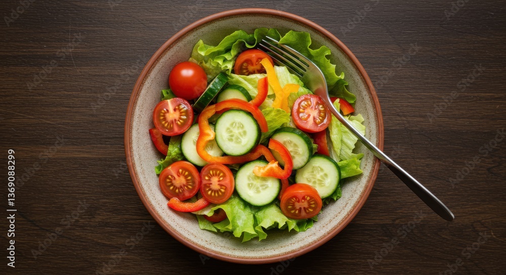 A top down view of a bowl filled with a colorful salad of tomatoes cucumbers and lettuce on a dark table A top down view of a bowl filled with a colorful salad of tomatoes cucumbers and lettuce on a dark table