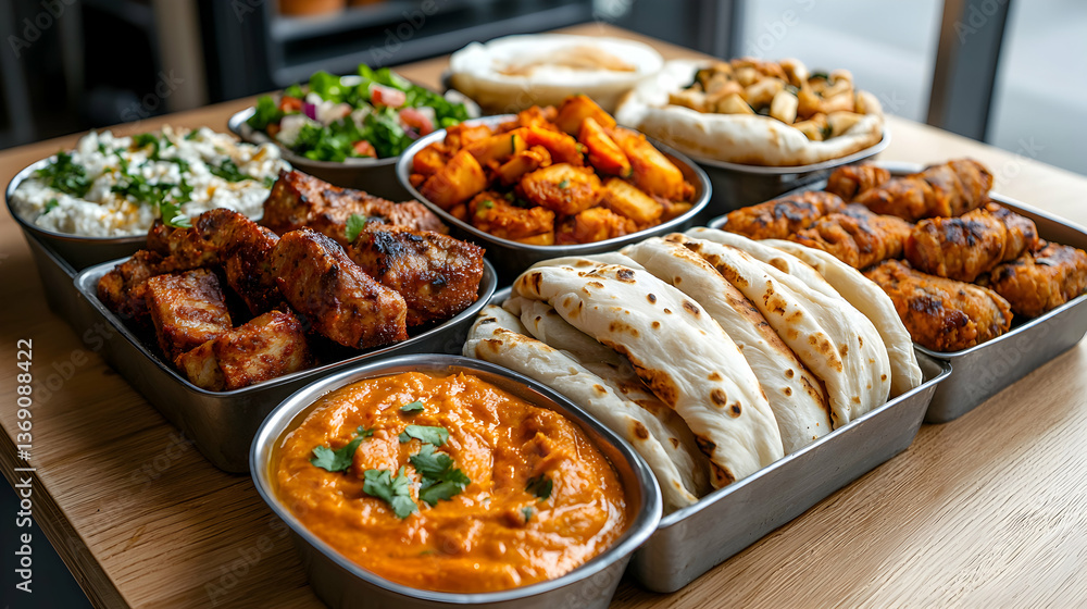 Assorted Indian and Mediterranean Dishes in Metal Trays on Wooden Table Assorted Indian and Mediterranean Dishes in Metal Trays on Wooden Table