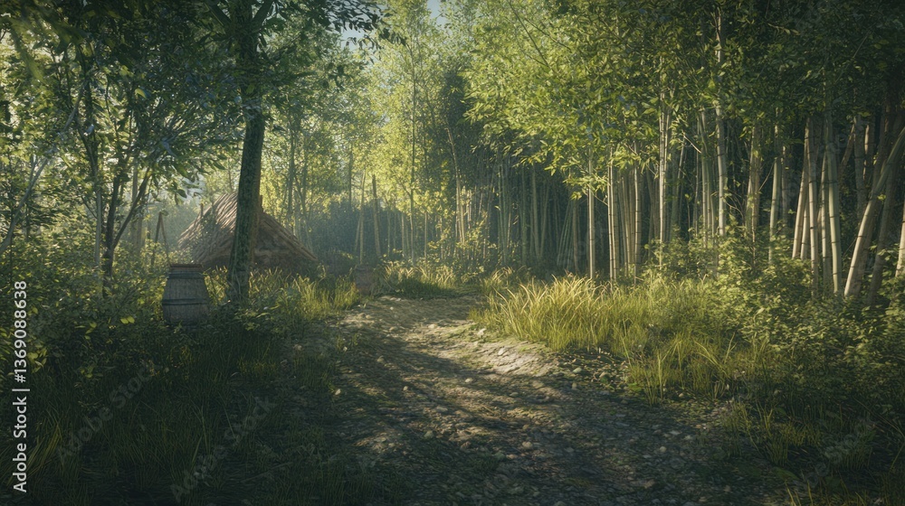 Obraz premium Sunlit path through a lush forest with bamboo and a small hut on the side.