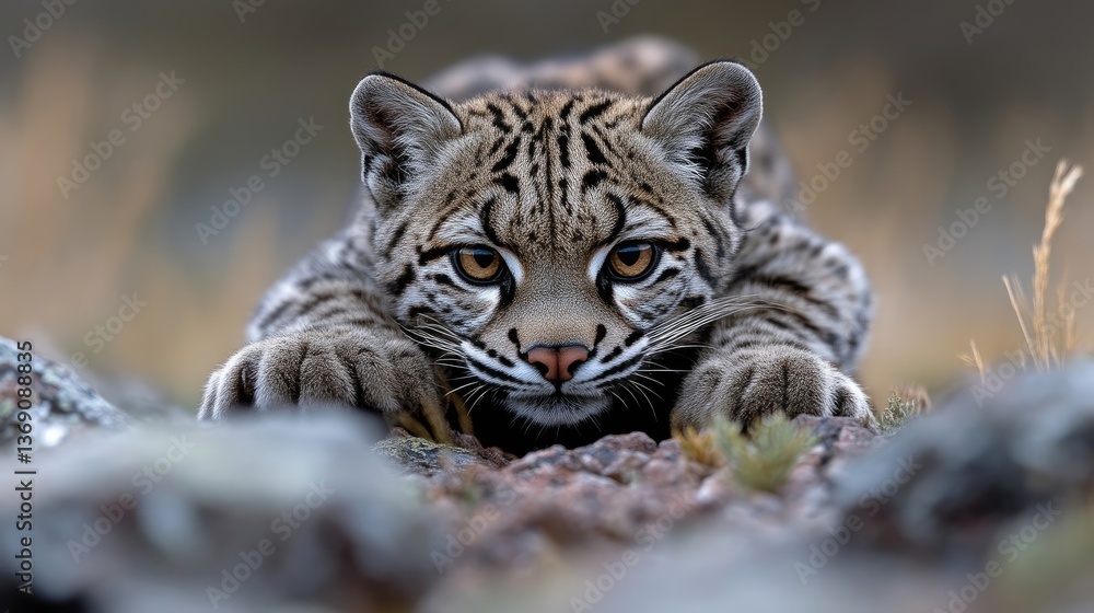 Fototapeta premium Wild cat crouched low, focused gaze
